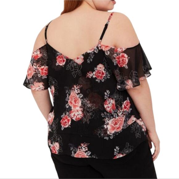 Torrid Black and Red Floral Chiffon Hanky Hem Cold Shoulder Top Plus Size 2X - Picture 2 of 11